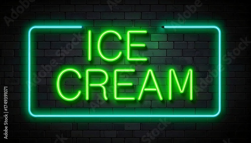 A neon sign glows green against a black brick wall, displaying the words 