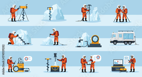 Arctic scientists performing ice core drilling and analysis tasks