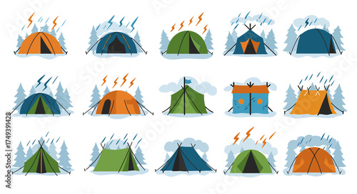 Collection of outdoor camping tents depicted under various weather conditions
