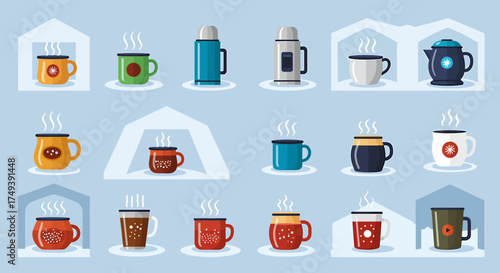 Collection of steaming hot beverage mugs thermoses and a kettle displayed on shelves