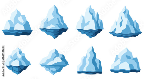 Eight flatdesign illustrations of blue and white icebergs floating on dark blue water
