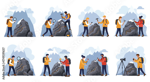 Eight scenes of geologists or hikers examining rocky mountainsides using tools