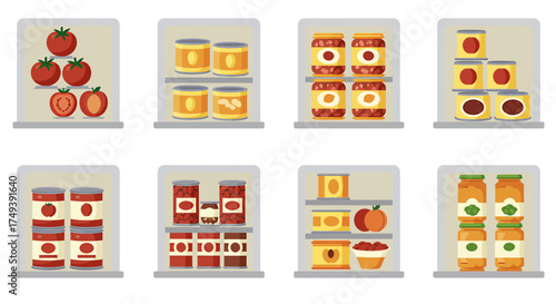 Eight shelves displaying various canned and jarred preserved foods