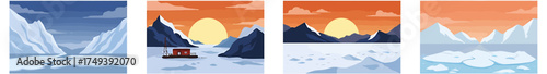 Four Arctic scenes featuring ice mountains and sunsetsdaylight