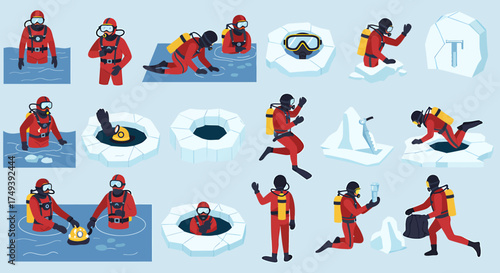 Ice diving sequence illustrating safety checks entry recovery and exit maneuvers