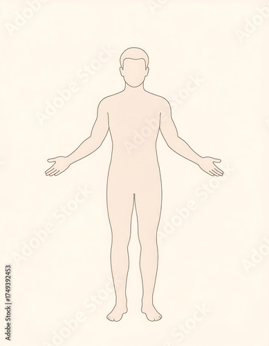 A neutral, front-facing illustration of a human figure with arms outstretched, facing forward, on a pale background