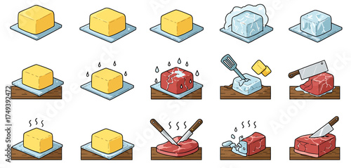 Isometric illustrations show butter softening meat freezingthawing and utensil actions