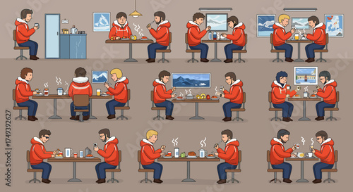 People in red parkas eating and using phones in a canteen setting