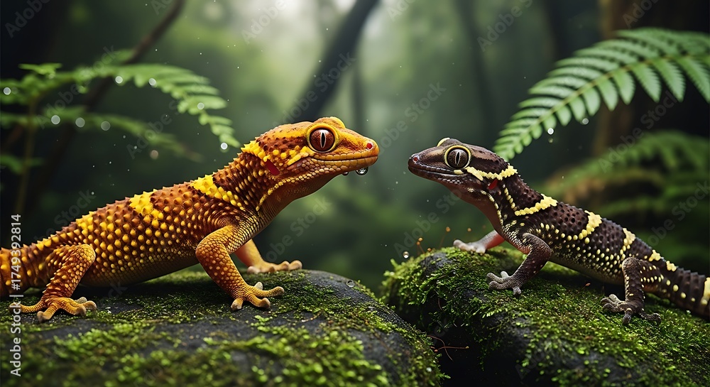Fototapeta premium Geckos in the Rainforest - A Colorful Encounter.