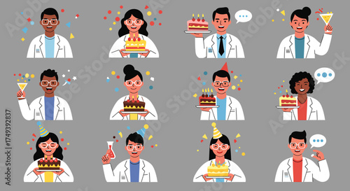 Scientists in lab coats celebrating with cakes drinks and confetti