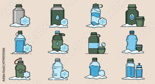 Twelve cold water bottles and containers resting in snow illustrated