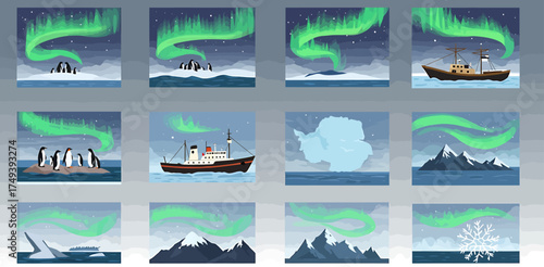 Twelve illustrations depicting Antarctic scenes penguins ships mountains ice and Aurora Australis