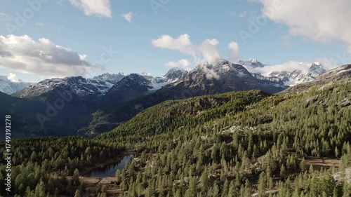 Lake of Mufulé and Bernina massif at sunset, Italy landscape with professional drone