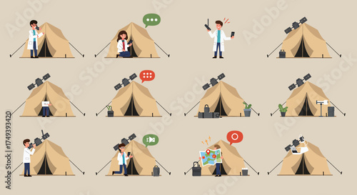Twelve illustrations showing field scientists using tents and satellite communication gear
