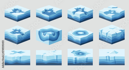 Twelve isometric crosssections illustrating ice melting or cracking stages