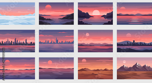 Twelve landscape illustrations showing sunsets or sunrises over water cities ice or deserts