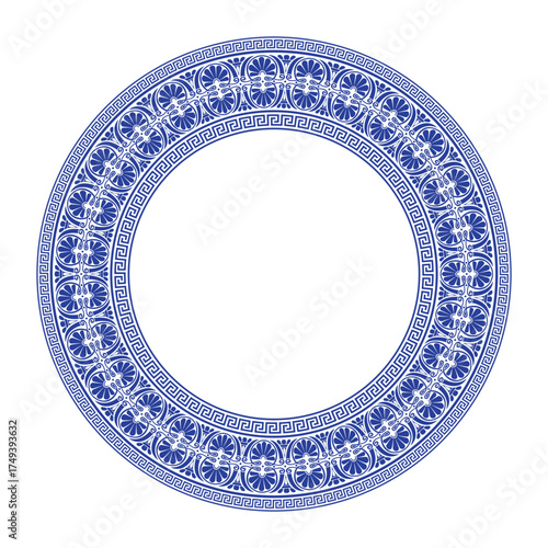 Decorative round frame in ethnic style with decorative ornament.  Vector illustration in blue and white colors. Template for laser cutting, engraving, textile, embroidery, porcelain