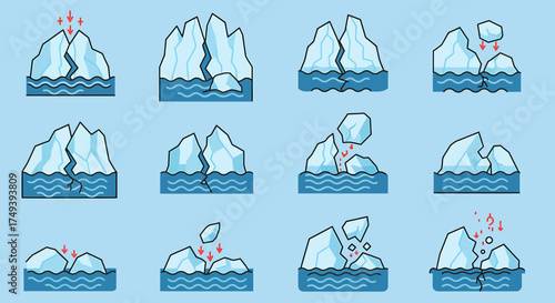 Twelve sequential illustrations depicting the fracturing and breakup of icebergs floating in water
