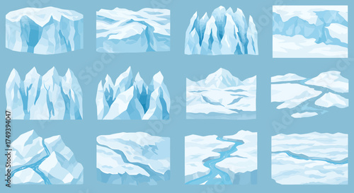 Twelve varied cartoon illustrations of ice formations glaciers and snowy landscapes