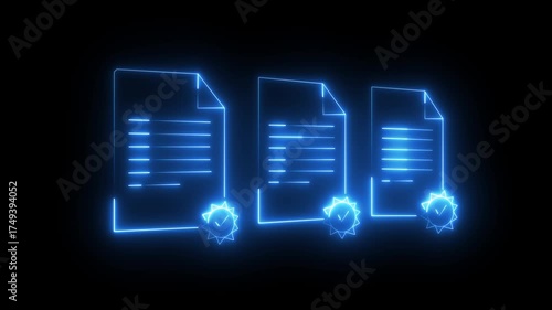 Glowing neon line file document download button icon. Glowing neon file document and checklist icon animation on black background for compliance verification.