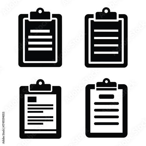 Four stylized clipboard icons representing task lists documents checklists and data entry options silhouette