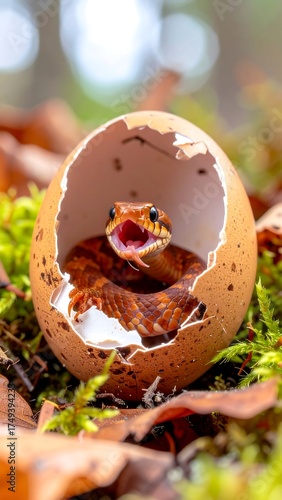 A newly hatched reptile with an open mouth is shown coiled inside a broken egg. The foreground shows moss and fallen leaves