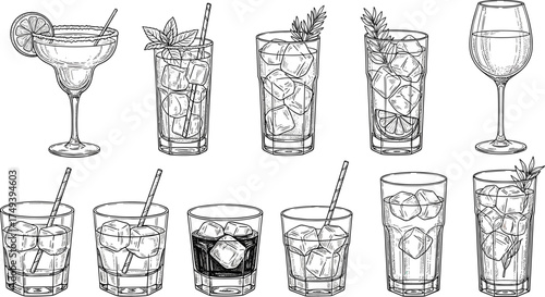 Hand drawn cocktail and drink glassware set with ice, garnish, straws, herbs, lime, mint, alcohol, soda, vintage style