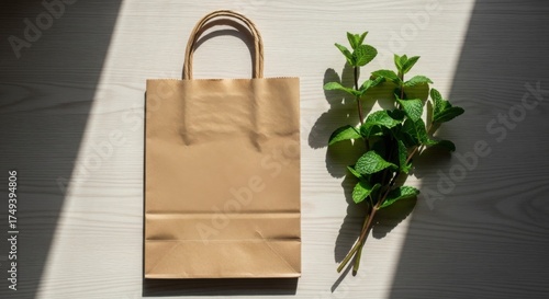 Stylish brown paper gift bag with green foliage and natural light shadows