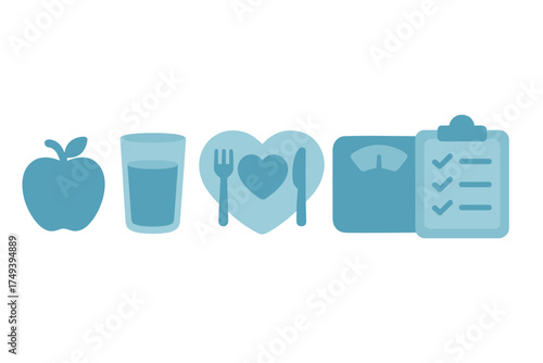 Monochromatic health and wellness symbols for diet, hydration, weight, and fitness goals