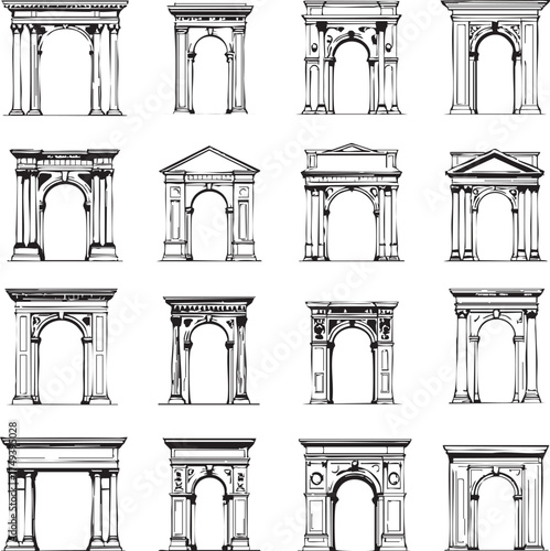 Architectural arch vector set—black-and-white sketches of classical and neoclassical arch designs with columns and ornamentation