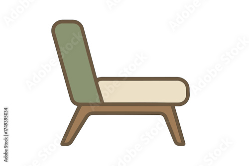 Stylish mid-century modern armchair with green backrest and beige seat cushion on a brown wooden frame