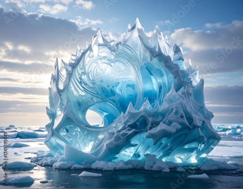 A translucent, stylized ice formation sculpted with intricate details and set against a partly cloudy sky and snowy expanse