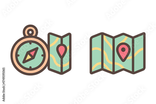 Set of navigation and travel icons with compass, folded maps, and location markers for route finding