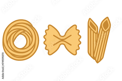 Various dry pasta shapes including tagliatelle, farfalle, and penne rigate arranged horizontally
