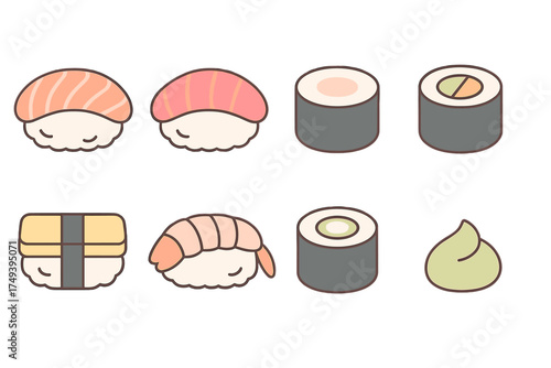 Cute collection of Japanese sushi, maki rolls, nigiri, salmon, tuna, shrimp, and wasabi