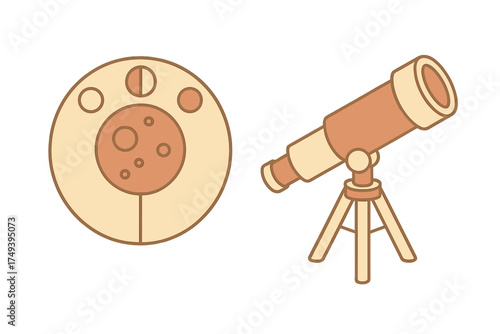 Stylized telescope on a tripod observing the moon or distant cratered planet surface