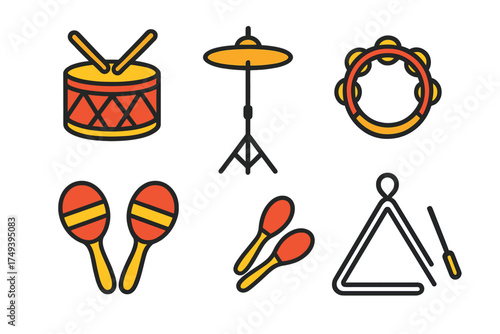 Colorful collection of various percussion instruments including drum, cymbal, maracas, and triangle