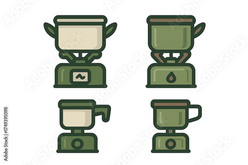 Portable camping cooking equipment set featuring stoves and pots for outdoor adventure