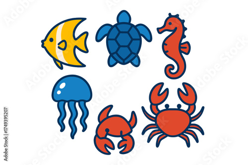 Colorful cartoon marine animals collection featuring fish turtle seahorse jellyfish and crabs