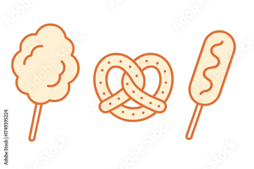 Cotton candy, pretzel, and corn dog on a stick, classic carnival food snacks