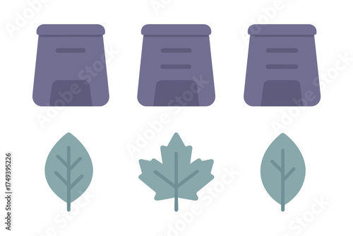 Flat design icons of organic waste composting containers and natural foliage