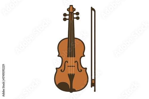 Classic wooden violin and bow string musical instrument isolated on white