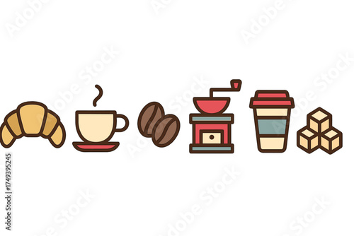 Delicious breakfast and coffee items: croissant, steaming cup, grinder, and sugar cubes