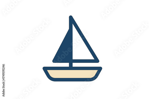 Stylized sailing boat symbol with dark blue sails and light hull design
