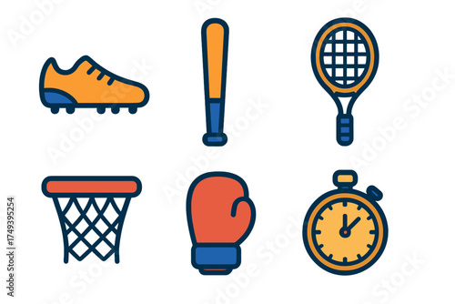 Collection of diverse sports equipment icons including shoe, bat, racket, net, glove, and stopwatch