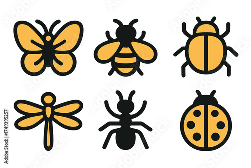 Six cute yellow and black outline symbols of common garden insects and flying bugs