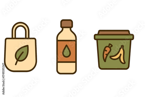 Reusable shopping bag, water bottle, and compost bin representing sustainable living habits