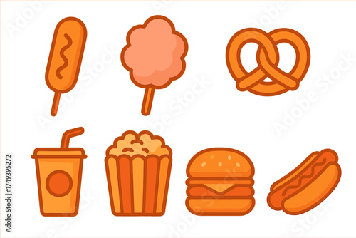 Popular fast food and snack items including corn dog, cotton candy, pretzel, soda, popcorn, hamburger, and hot dog