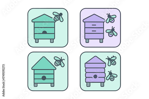 Colorful beehive and honey bee symbols representing apiculture, honey production, and nature conservation