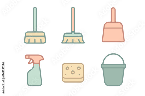 Set of essential household cleaning tools and supplies in a soft pastel color palette